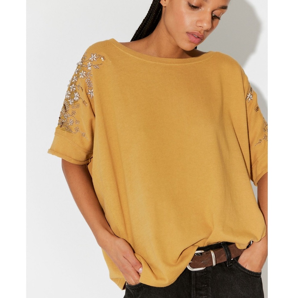 Free People Mustard Floral Short Sleeve Top